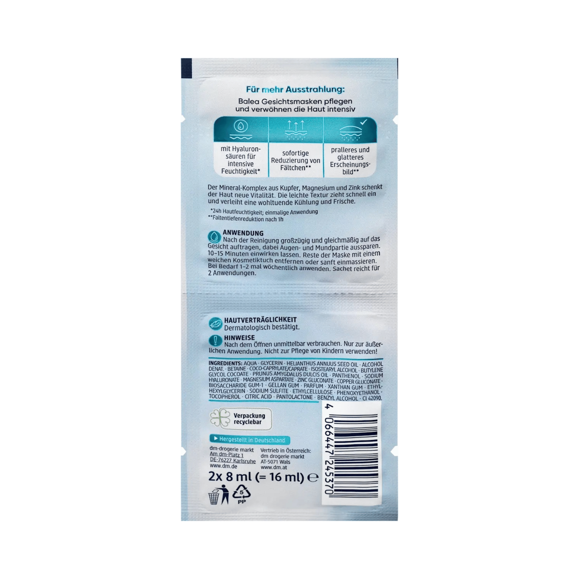 balea hyaluron face mask, 16 ml (2x8 ml) – vegan, plumping & hydrating