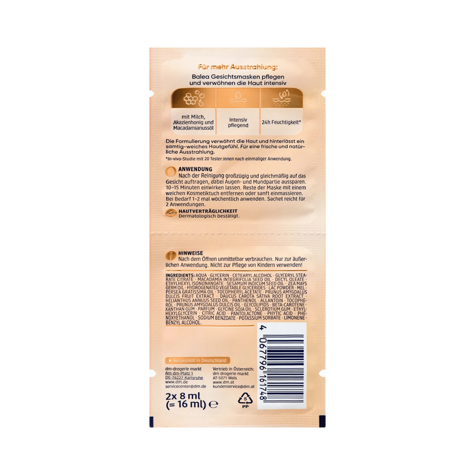 balea milk & honey face mask, 16 ml (2x8 ml) – regenerating & hydrating