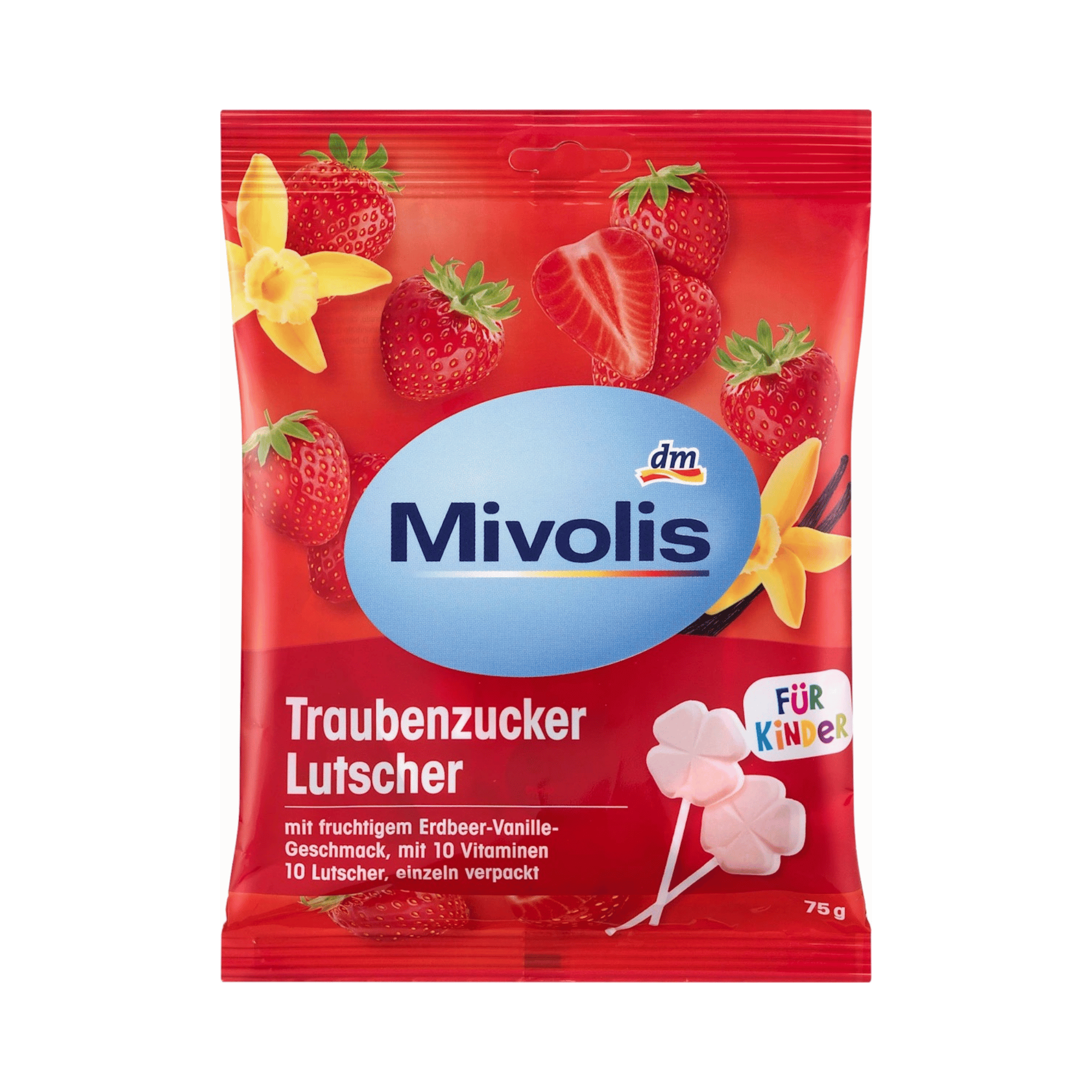 mivolis strawberry vanilla glucose lollipop for kids, 75 g – 10 vitamins, gluten & lactose free