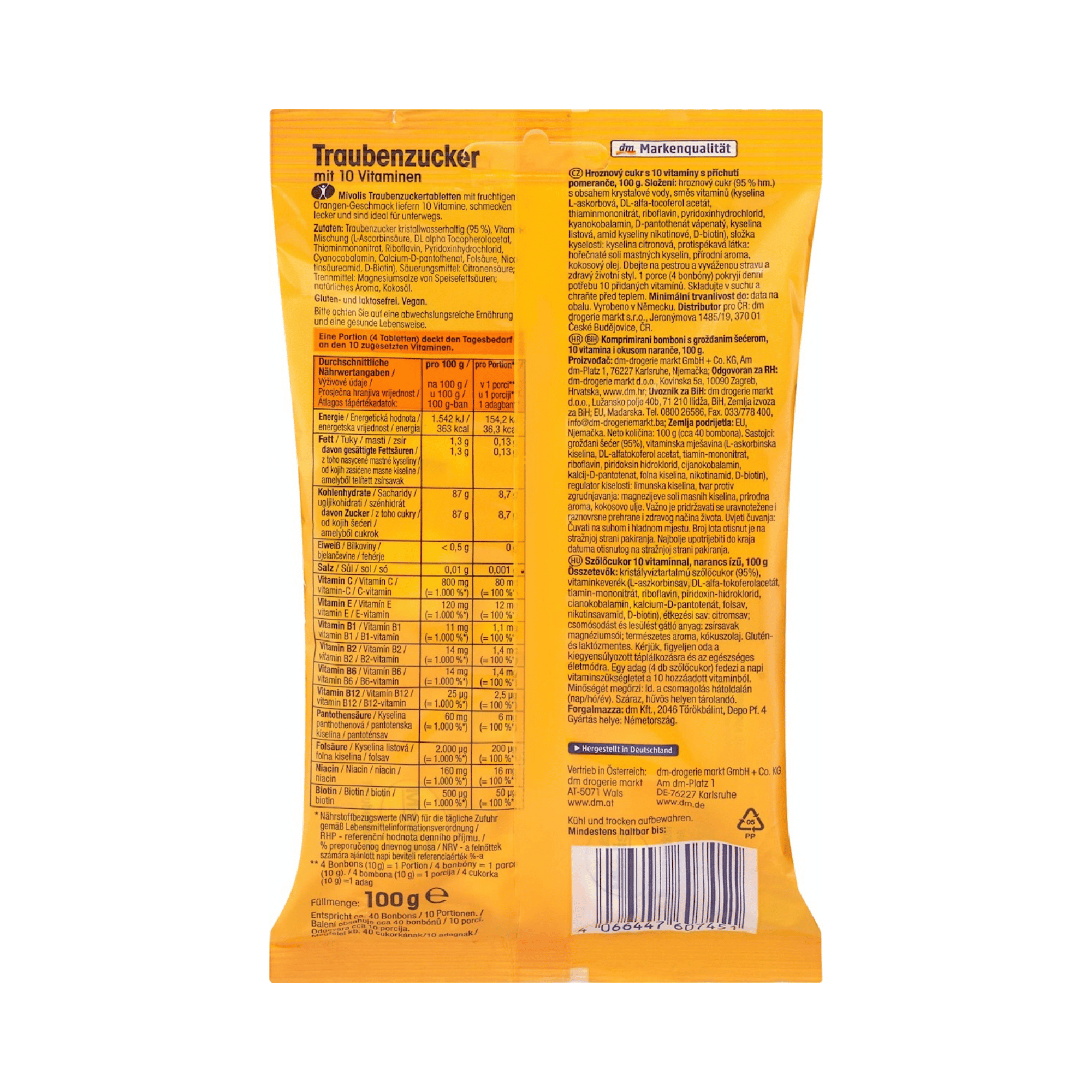 mivolis orange glucose tablets with 10 vitamins, 100 g – vegan & vegetarian