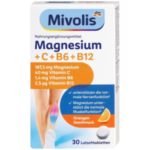 Mivolis - أقراص المغنيسيوم الاستحلابية مع فيتامينات C و B6 و B12 بنكهة البرتقال - 30 قرصاً