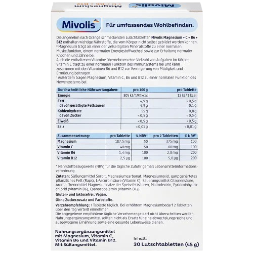 Mivolis - أقراص المغنيسيوم الاستحلابية مع فيتامينات C و B6 و B12 بنكهة البرتقال - 30 قرصاً - Image 2