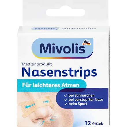 Mivolis - شرائط الأنف الطبية لتسهيل التنفس وتقليل الشخير - 12 شريطاً