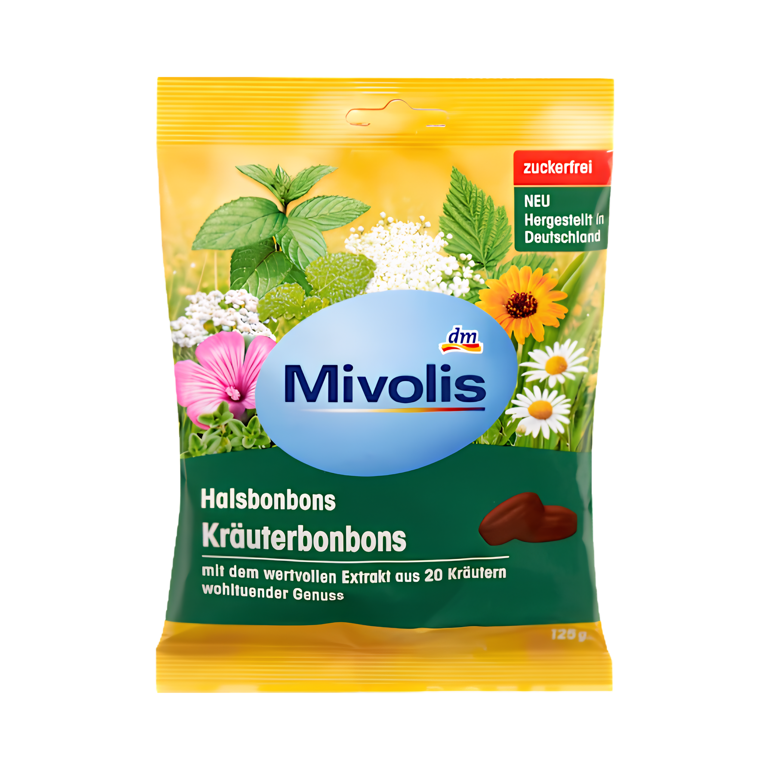 Mivolis – حلوى الحلق بالأعشاب والمنثول بدون سكر – 125 غراماً